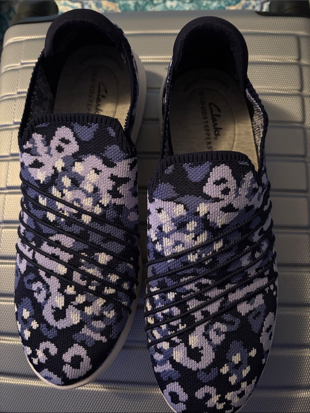 Clarks Women’s Navy and White Floral Knit Slip-On Sneakers